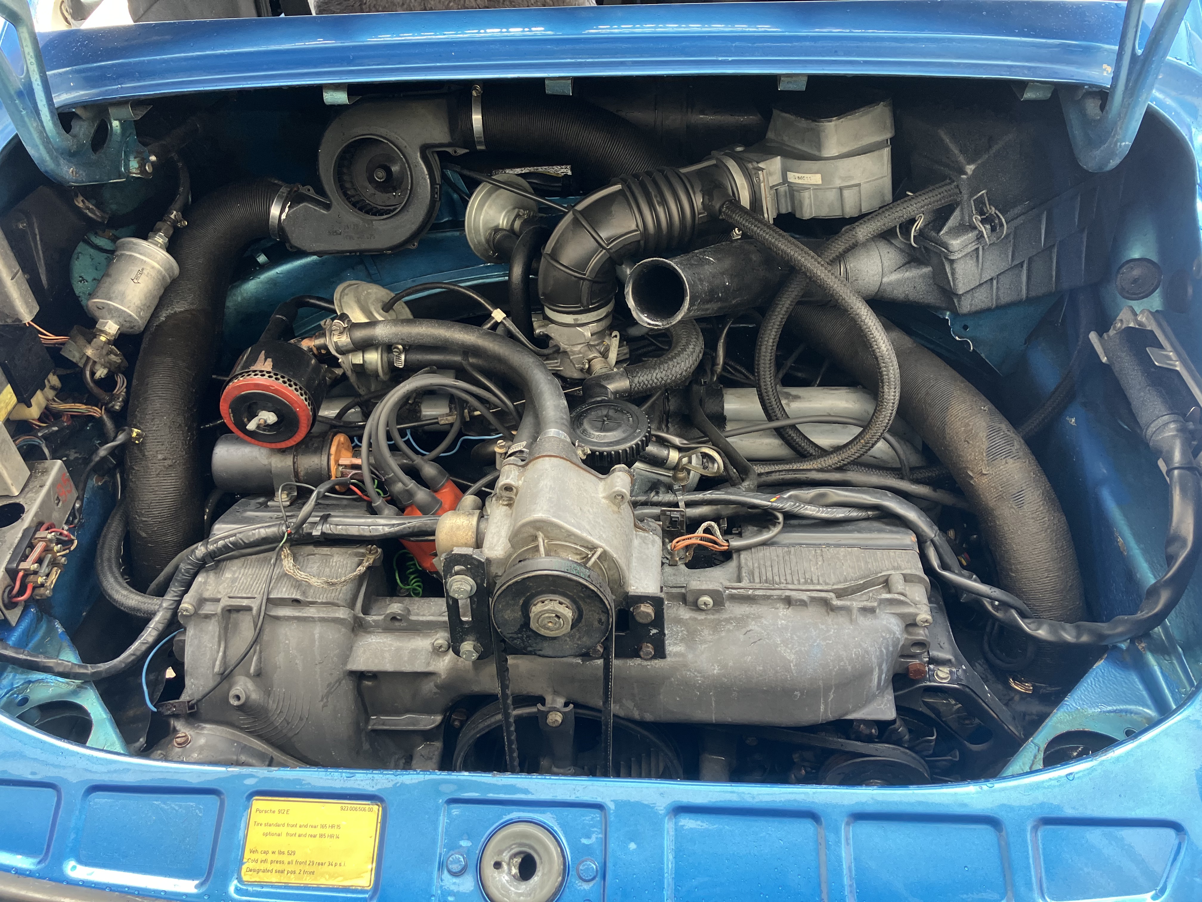Engine bay of the Porsche 912E before electric conversion work