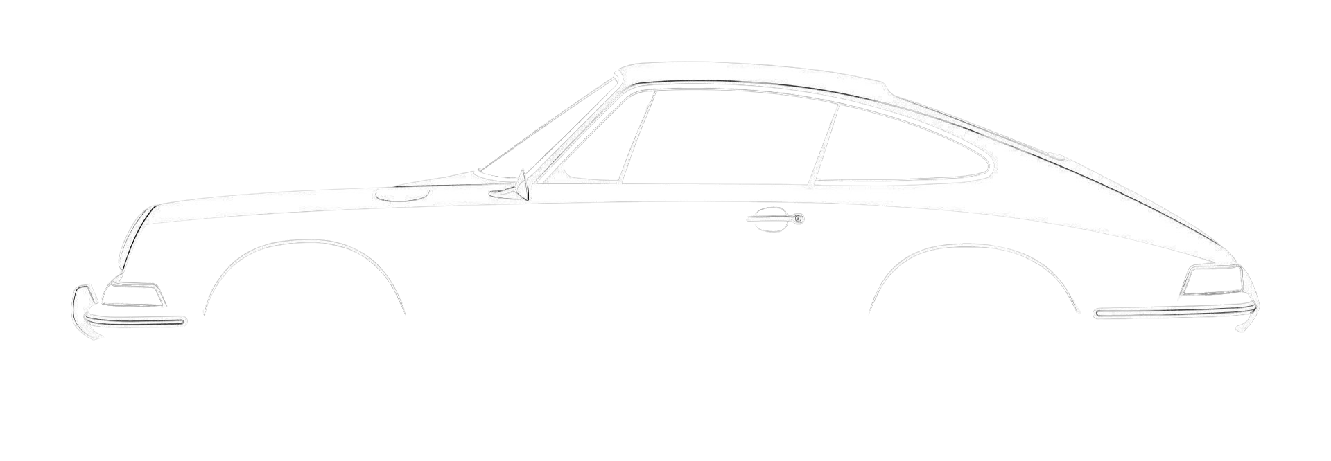 White side-view outline of a classic Porsche 912E on a black background
